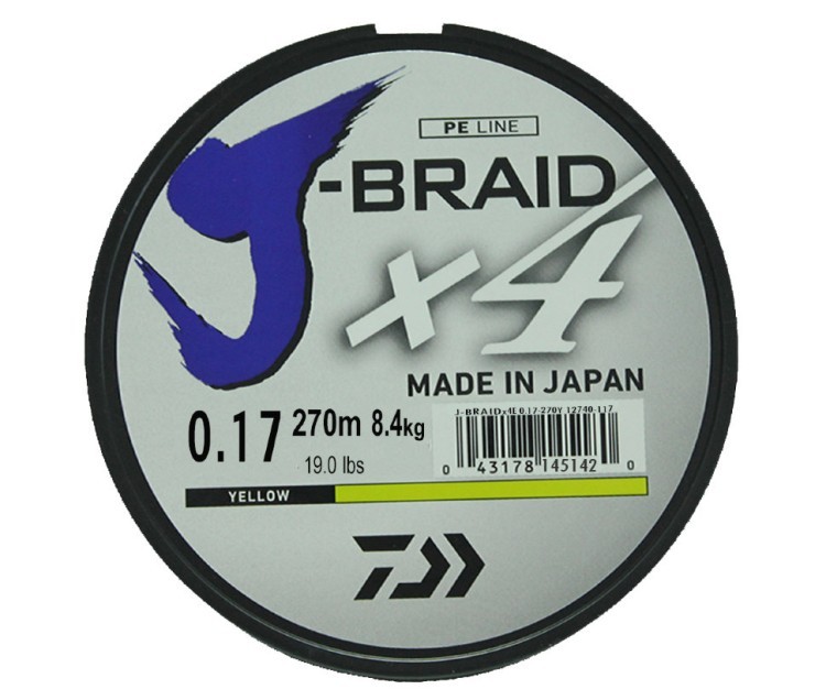 Леска плетеная Daiwa J-Braid X4 270м 0,17мм (8,4кг) желтая (62372)