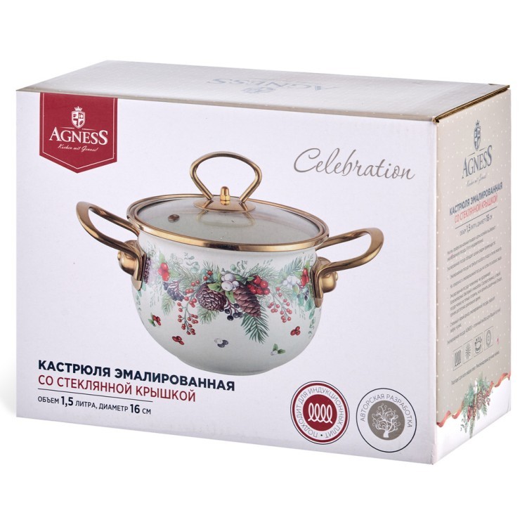 Кастрюля эмалированная agness со стеклянной крышкой серия "celebration", 1.5 л, 16*10 см Agness (943-082) Кастрюля эмалированная agness со стеклянной крышкой серия "celebration", 1.5 л, 16*10 см Agness (943-082)