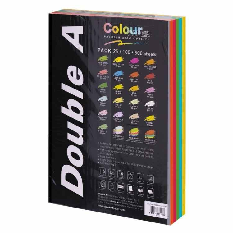 Бумага цветная DOUBLE A А4 80 г/м2 500 л 5 цветов x 100 л микс интенсив 115129 (1) (92594)