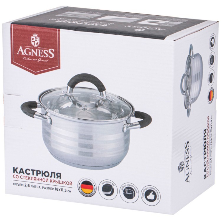 Кастрюля agness со стекл. крышкой серия classic 2,6 л. 18*11,5 см Agness (937-431)