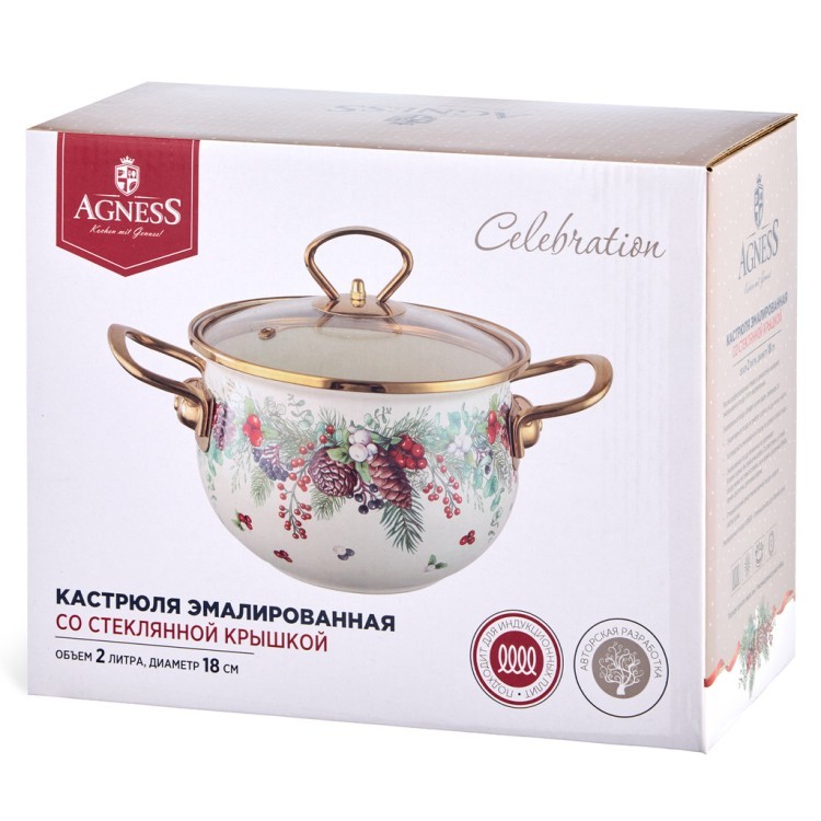 Кастрюля эмалированная agness со стеклянной крышкой серия "celebration", 2.0 л, 18*11 см Agness (943-083) Кастрюля эмалированная agness со стеклянной крышкой серия "celebration", 2.0 л, 18*11 см Agness (943-083)