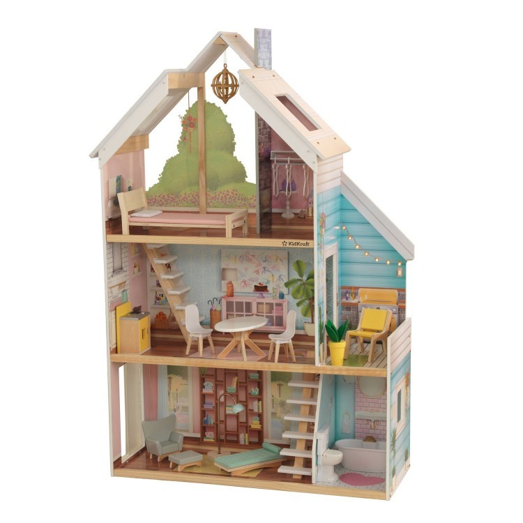 Деревянный кукольный домик "Зоя", с мебелью 18 предметов в наборе, свет, звук, для кукол 30 см (65960_KE)