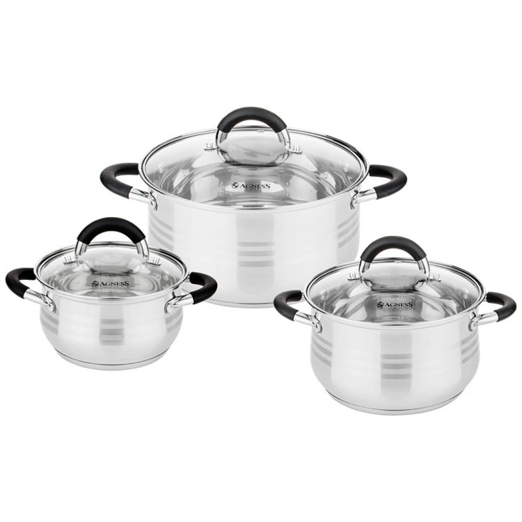 Набор кастрюль agness со стекл.крышками 6пр.1,7/3,5/5,5 л. размер 16x9,5/20x12.5/ 24x13.5 см Agness (937-513) Набор кастрюль agness со стекл.крышками 6пр.1,7/3,5/5,5 л. размер 16x9,5/20x12.5/ 24x13.5 см Agness (937-513)