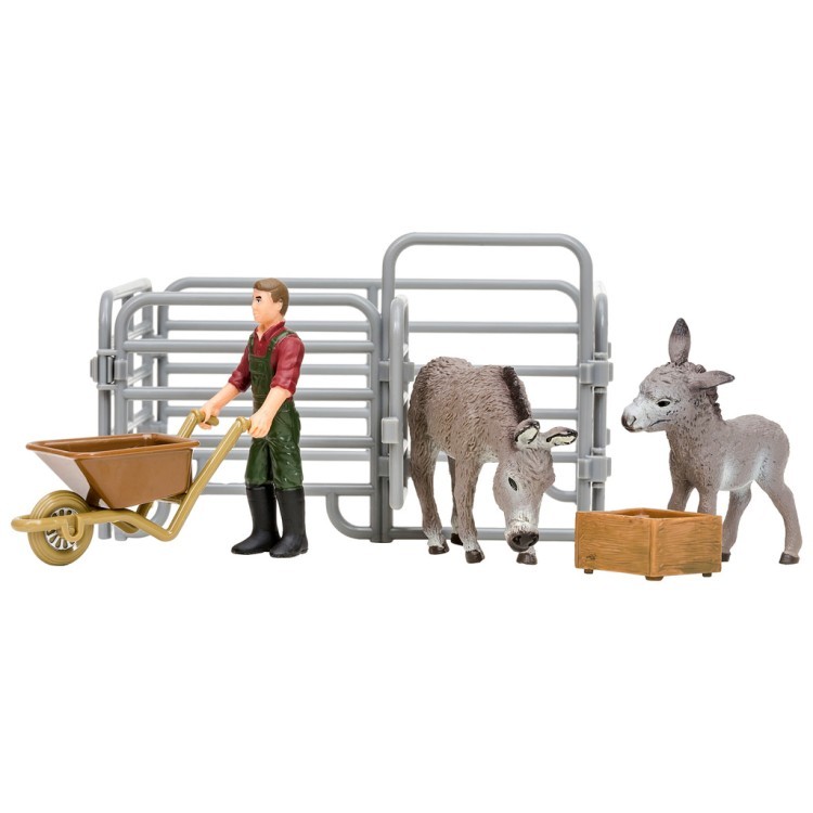 Игрушки фигурки в наборе серии "На ферме", 6 предметов (фермер, 2 ослика, ограждение-загон, инвентарь) (ММ205-008)