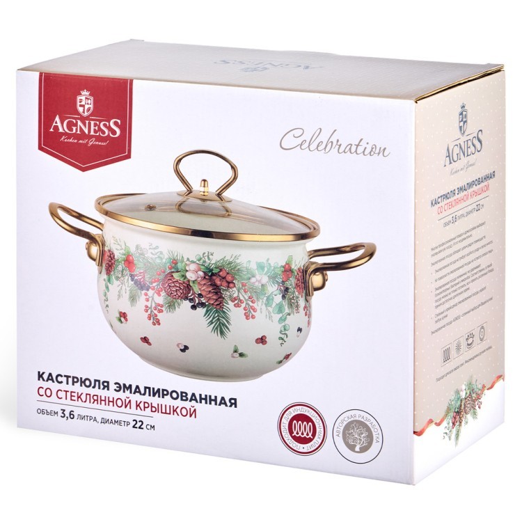 Кастрюля эмалированная agness со стеклянной крышкой серия "celebration", 3.6 л, 22*13 см Agness (943-085)
