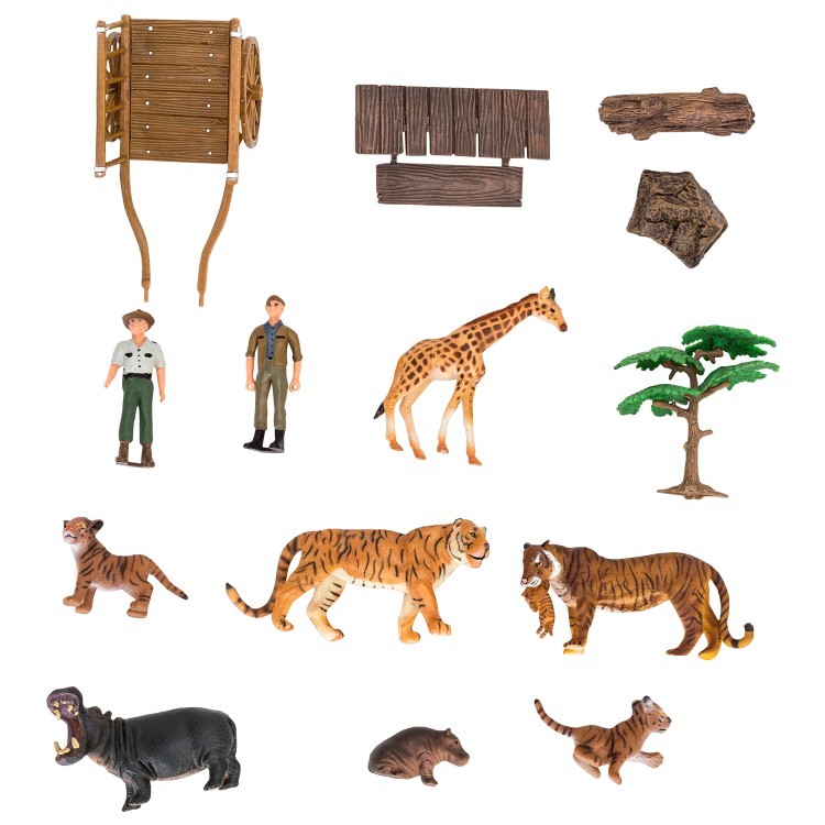 Набор фигурок животных серии "На ферме": Ферма игрушка, жираф, бегемот, тигры, фермеры, инвентарь -  17 предметов (ММ205-052)