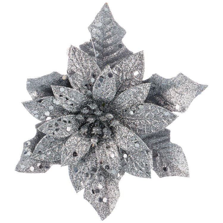 Цветок декоративный с прищепкой "пуансеттия" цвет: серебро с блестками 11 см без упаковки (кор=320 ш Lefard (161-192)
