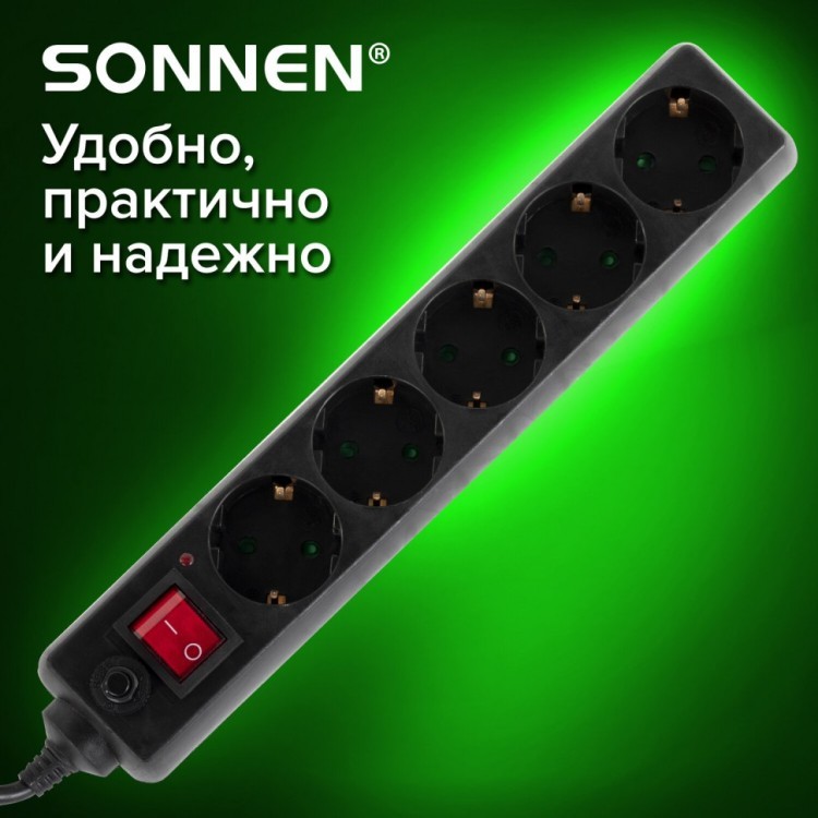 Сетевой фильтр SONNEN U-3515 5 розеток с заземлением 10 А 5 м черный 513490 (1) (94391)