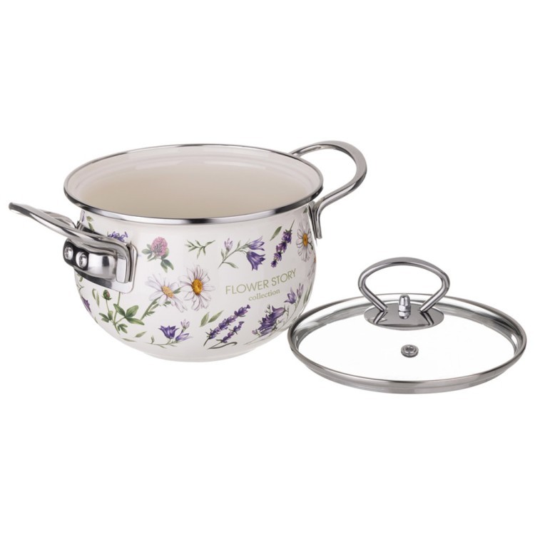 Кастрюля agness эмалированная со стеклянной крышкой серия "flower story", 1,5 л диа. 16см Agness (943-095)