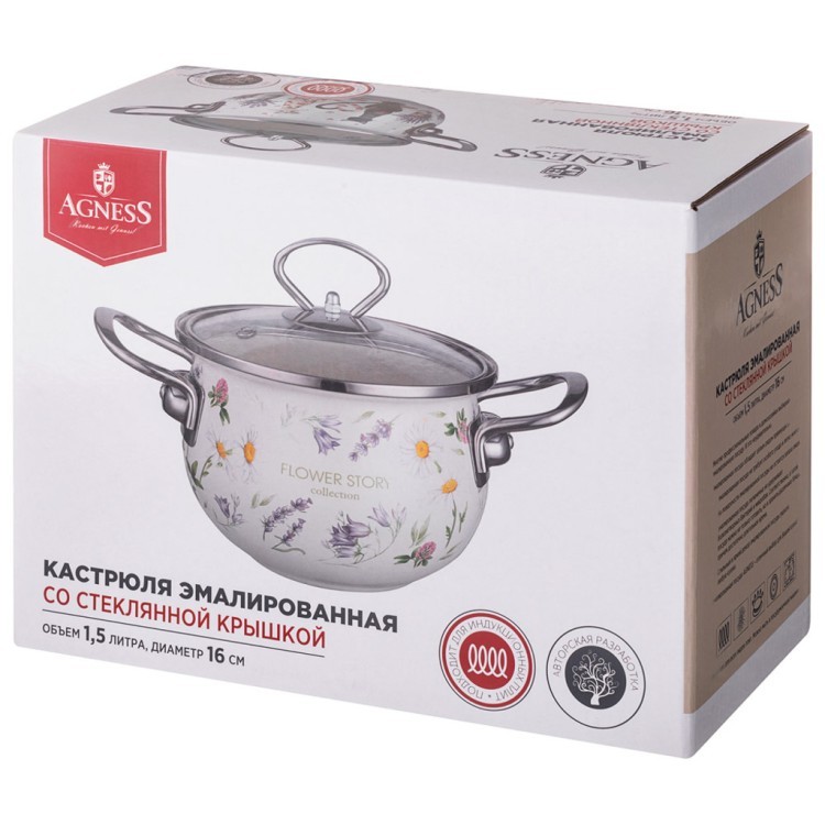 Кастрюля agness эмалированная со стеклянной крышкой серия "flower story", 1,5 л диа. 16см Agness (943-095)