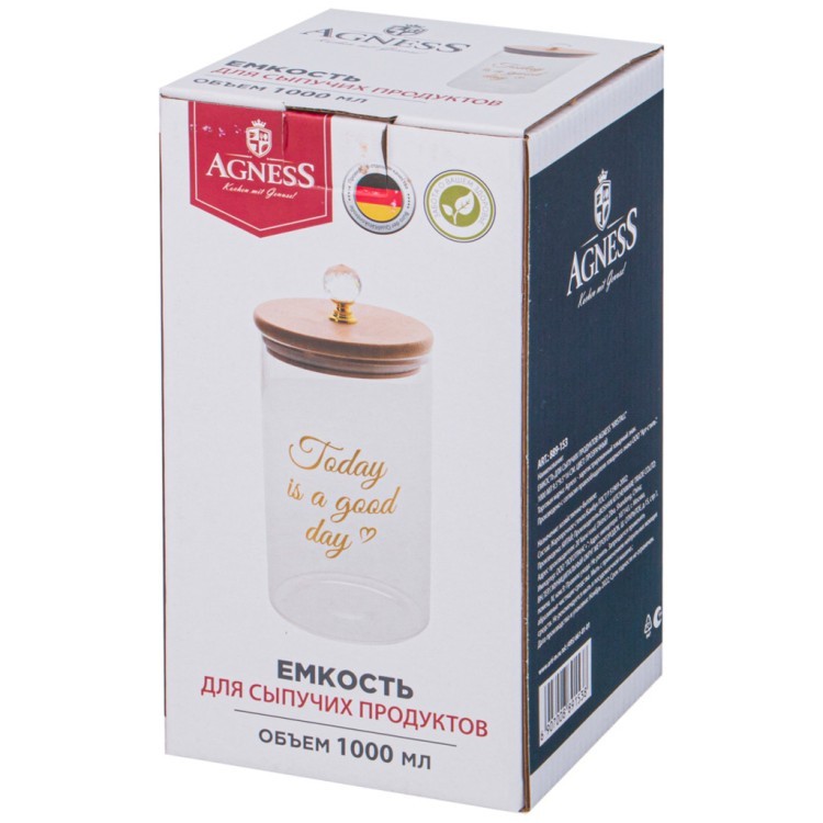 Емкость для сыпучих продуктов agness "kristall" 1000 мл 9.5*9.5*16 см. цвет: прозрачный Agness (889-153)