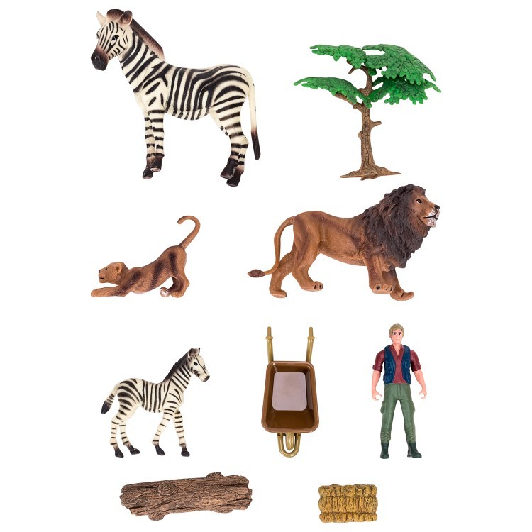 Набор фигурок животных серии "На ферме": Ферма игрушка, львы, зебры, фермер, инвентарь - 11 предметов (ММ205-054)