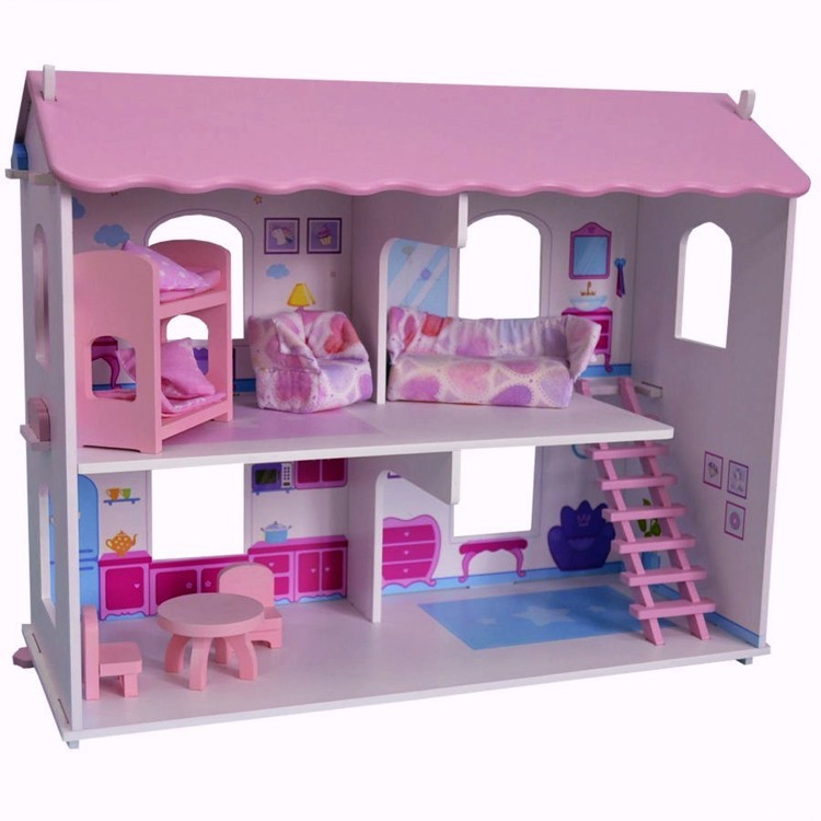 Деревянный кукольный домик "Виктория", с интерьером и мебелью 5 предметов в наборе, для кукол 12 см (PD218-04)