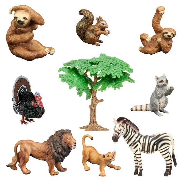 Набор фигурок животных серии "Мир диких животных": индюк, белка, 2 льва, енот, зебра, 2 ленивца (набор из 9 предметов) (MM211-267)