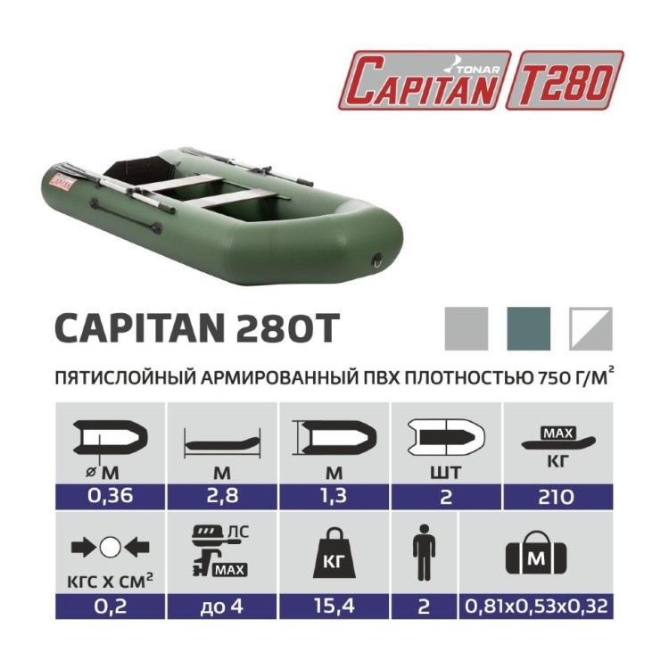 Лодка ПВХ под мотор Тонар Капитан 280Т (зеленая) (72636)