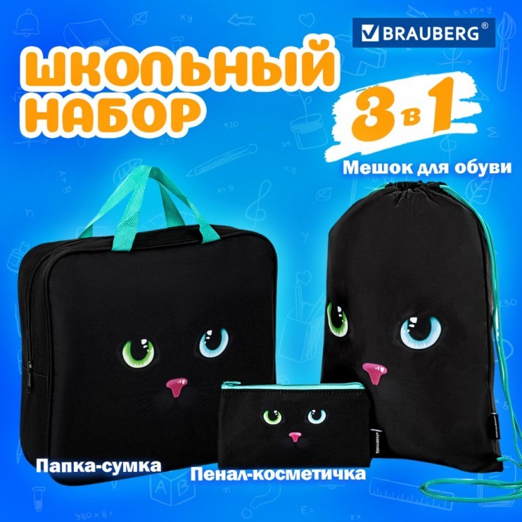 Школьный набор BRAUBERG: папка А4 мешок для обуви 42х33 пенал-косм Black cat 271434 (1) (93205)