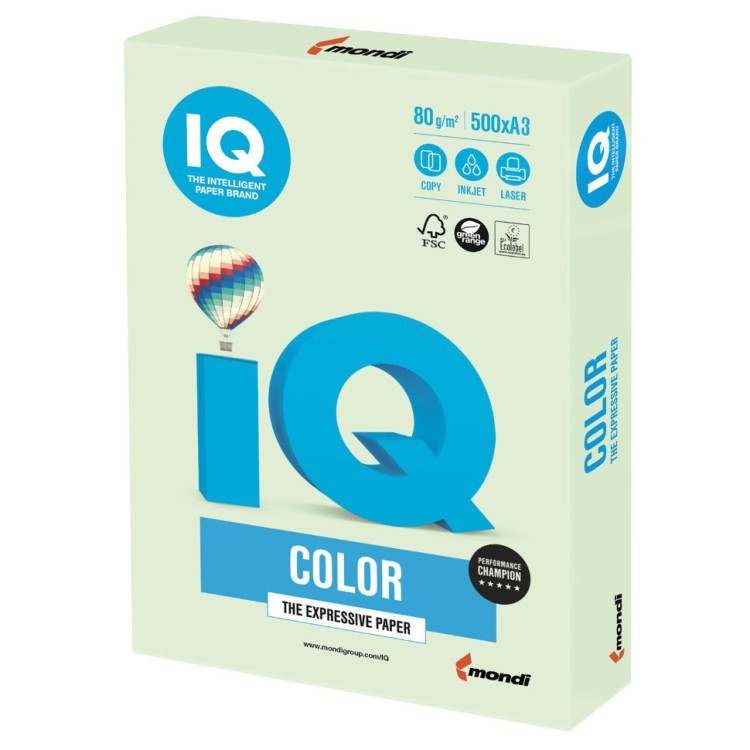Бумага цветная для принтера IQ Color А3, 80 г/м2, 500 листов, светло-зеленая, GN27 (65432)