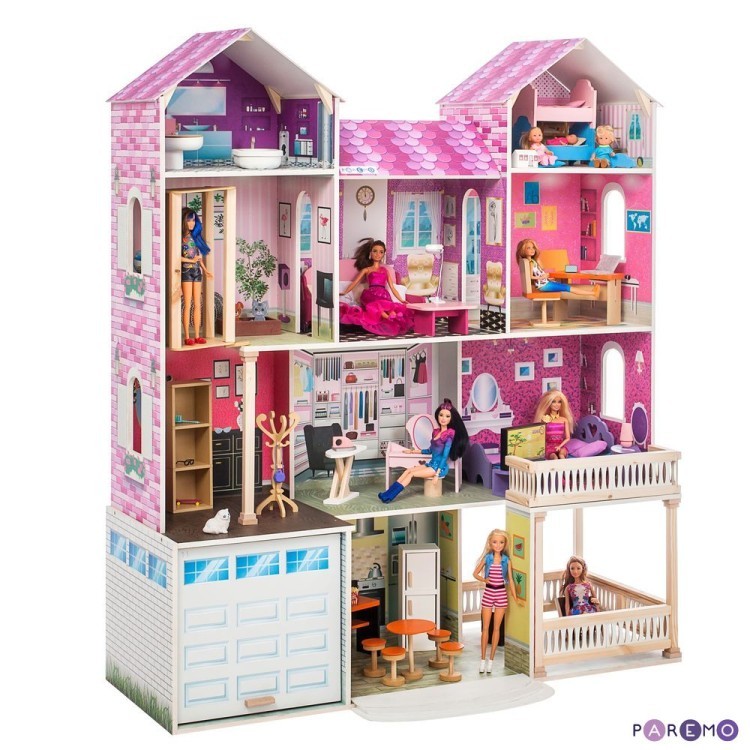 Деревянный кукольный домик "Поместье Агостина", с мебелью 36 предметов в наборе и с гаражом, для кукол 30 см (PD318-17)