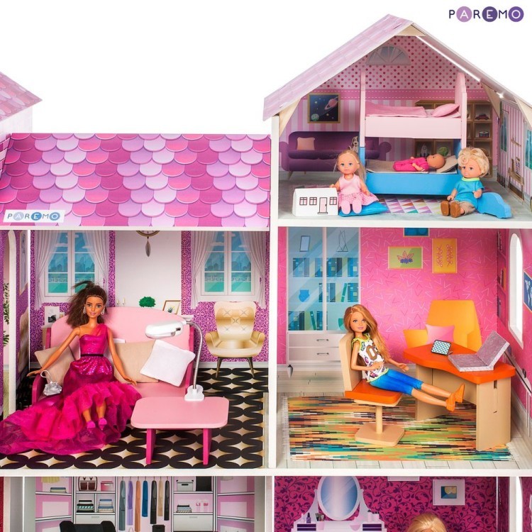 Деревянный кукольный домик "Поместье Агостина", с мебелью 36 предметов в наборе и с гаражом, для кукол 30 см (PD318-17)