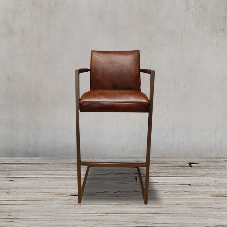 Стул барный FLEET Fleet-BarChairArm, каркас металл, обивка натуральная кожа, Brown, ROOMERS FURNITURE