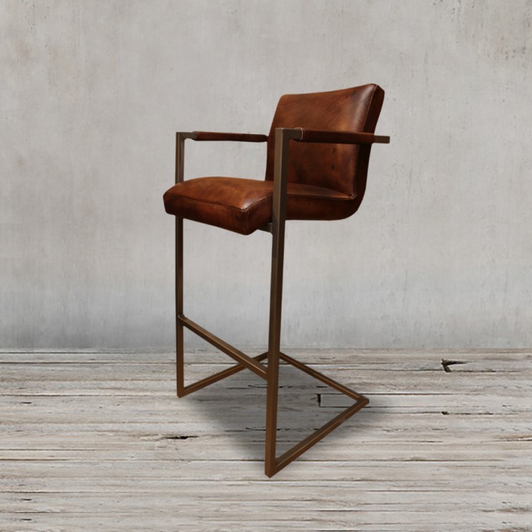 Стул барный FLEET Fleet-BarChairArm, каркас металл, обивка натуральная кожа, Brown, ROOMERS FURNITURE