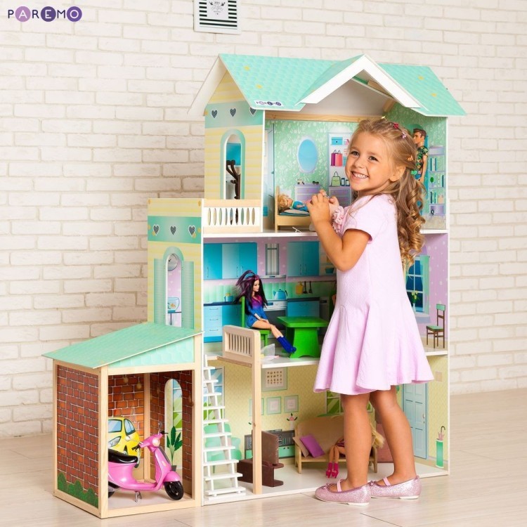 Деревянный кукольный домик "Жозефина Гранд", с мебелью 11 предметов в наборе и с гаражом, для кукол 30 см (PD318-13)