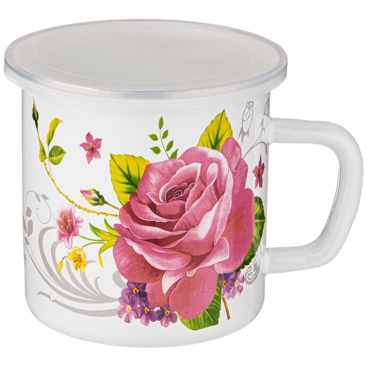 Кружка эмалированная с пластик.крышкой серия "пленительная роза"1250 мл, 12*12 см Agness (935-032)