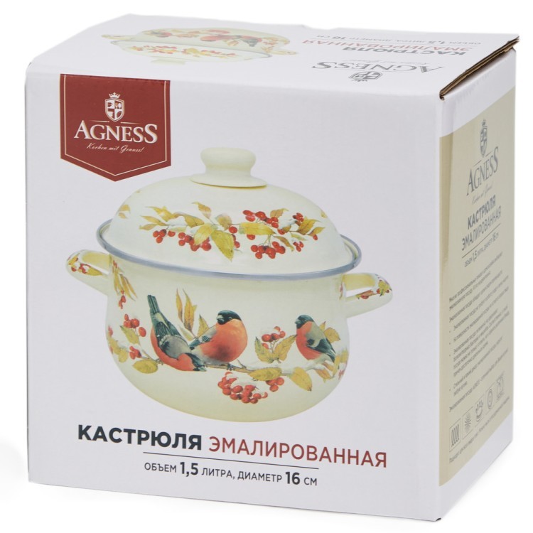 Кастрюля agness эмалированная с эмал.крышкой серия "снегири", 1.5 л, 16*10 см Agness (934-745)