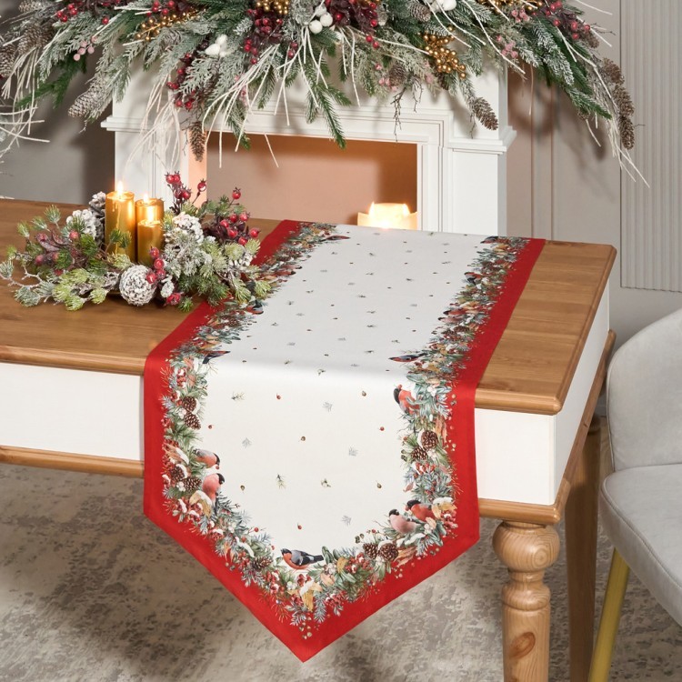 Дорожка "морозко.снегири" 45х145см ,красный, 100% хлопок,твил пропитка (850-745-3) 