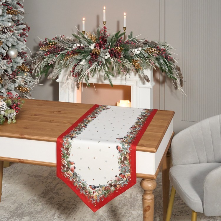 Дорожка "морозко.снегири" 45х145см ,красный, 100% хлопок,твил пропитка (850-745-3) 