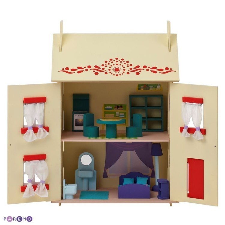 Деревянный кукольный домик "София", с мебелью 14 предметов в наборе, для кукол 15 см (PD115-02)