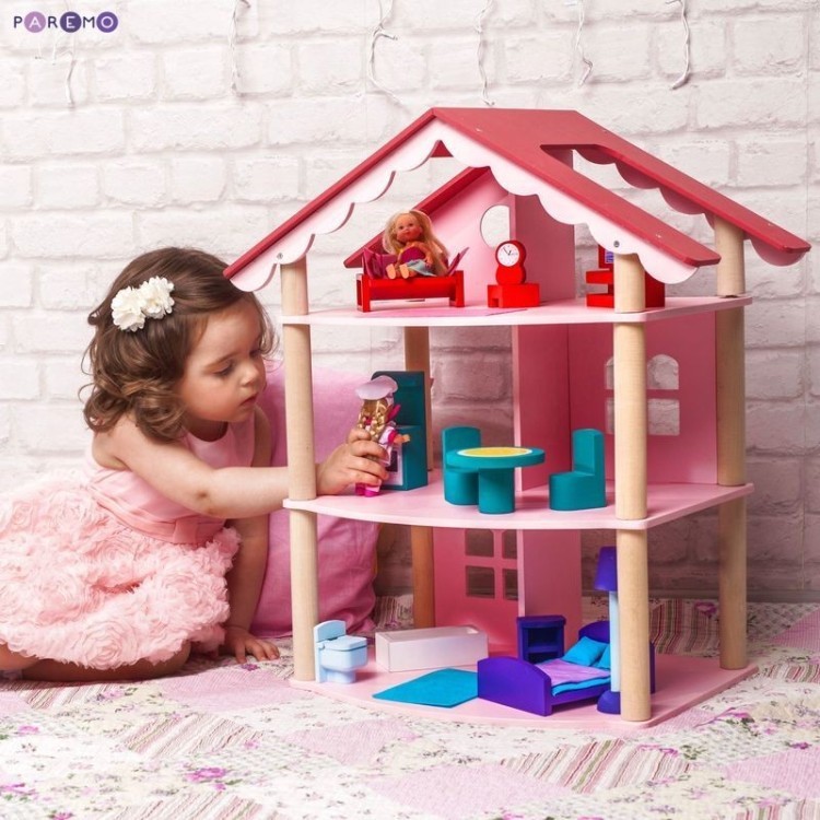 Деревянный кукольный домик "Роза Хутор", с мебелью 14 предметов в наборе, для кукол 15 см (PD215)