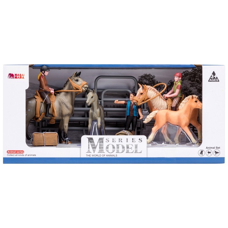 Игрушки фигурки в наборе серии "На ферме", 14 предметов: 4 лошади, 3 человечка, ограждение-загон, инвентарь (ММ205-019)
