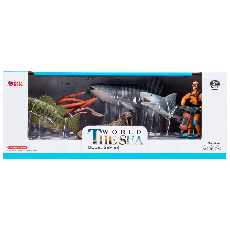 Фигурки игрушки серии "Мир морских животных": Китовая акула, акула, морж, кальмар, окунь, дайвер (набор из 5 фигурок животных и 1 человека) (ММ203-026)