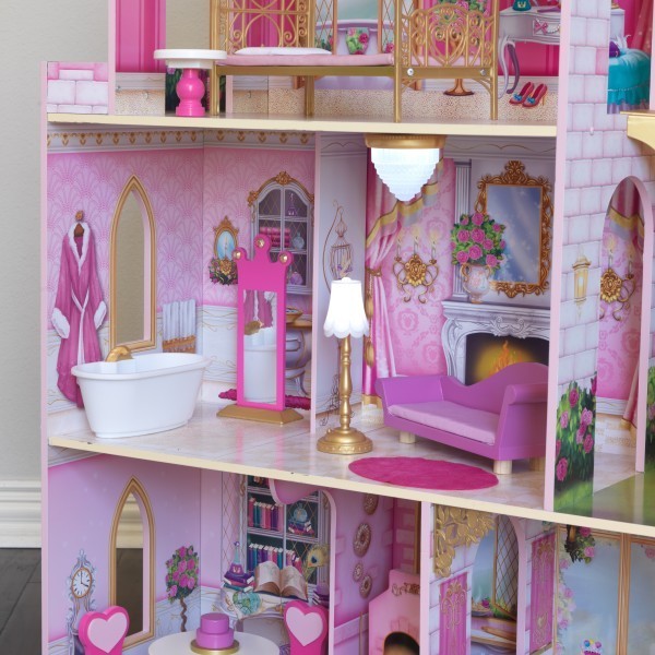Деревянный кукольный домик "Розовый Замок", с мебелью 16 предмета в наборе, свет, звук, для кукол 30 см (10117_KE)