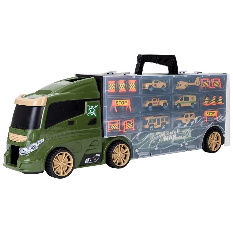 Машина игрушка серии "Милитари" (Автовоз - кейс 59 см, зеленый, с тоннелем. Набор из 4 машинок, 1 автобуса, 1 вертолета, 1 фуры и 12 дорожных знаков) (G205-011)