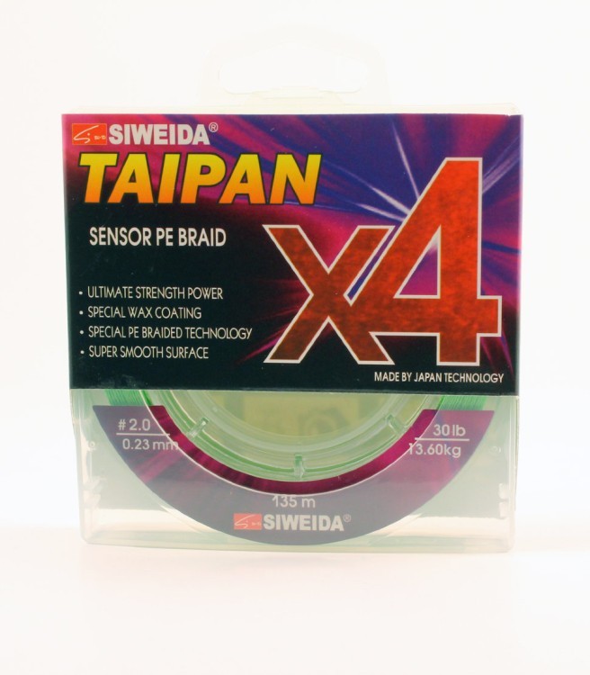 Леска плетеная Siweida Taipan Sensor PE Braid X4 135м 0,23мм (13,60кг) ярко-зеленая (62316)