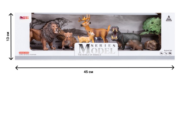 Набор фигурок животных серии "Мир диких животных": Лев с львенком, бегемот с бегемотиком, олень с олененком (набор из 6 фигурок животных и 3 аксессуар (MM201-012)