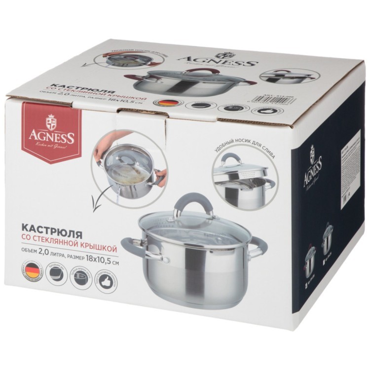 Кастрюля agness "profi home" со стеклянной крышкой, 2,0л 18x10.5 см цвет ручек:бордо Agness (914-206) Кастрюля agness "profi home" со стеклянной крышкой, 2,0л 18x10.5 см цвет ручек:бордо Agness (914-206)