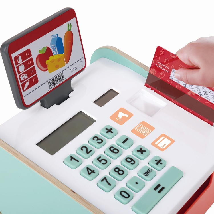 Игрушка детская деревянная касса с бумажными деньгами, монетами, пластиковой картой и сканером товаров (E3200_HP)