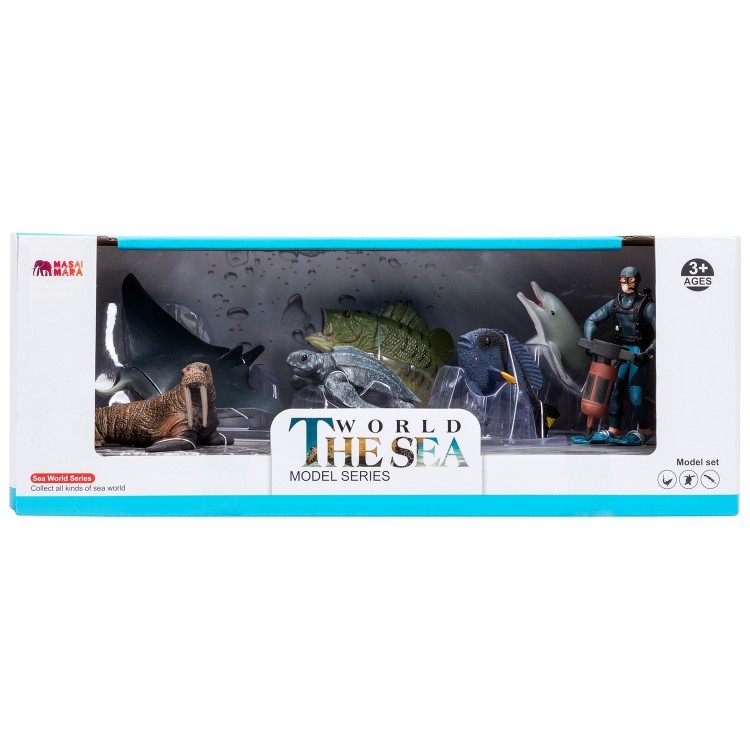 Фигурки игрушки серии "Мир морских животных": Манта, морж, кожистая черепаха, рыбка-хирург, дельфин, окунь, дайвер (набор из 6 фигурок животных и 1 ч (ММ203-016)