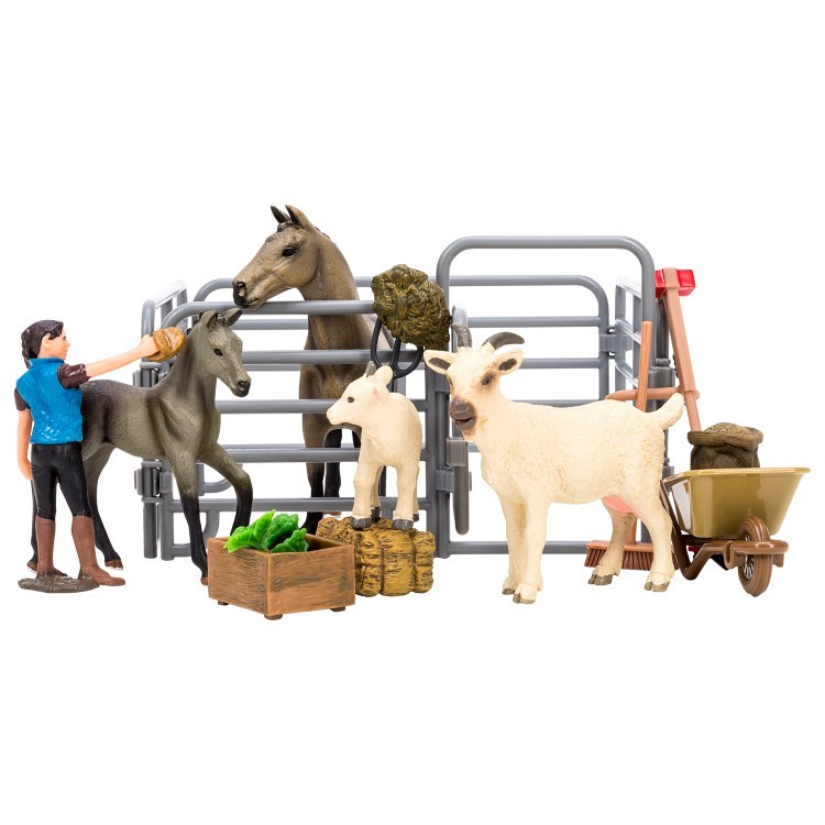 Игрушки фигурки в наборе серии "На ферме", 18 предметов (фермер, 2 лошади, 2 козлика,  ограждение-загон, инвентарь) (ММ205-029)