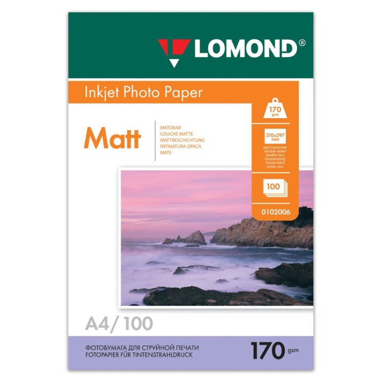 Фотобумага для струйной печати Lomond А4 170 г/м2 100 листов двухсторонняя матовая 0102006 (1) (65445)