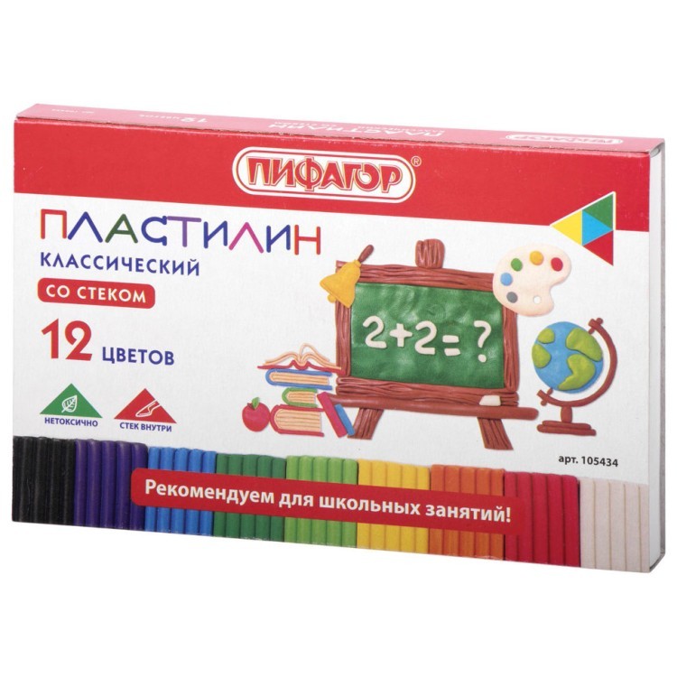 Пластилин классический Пифагор Школьный 12 цветов 180 г со стеком 105434 (16) (66075)