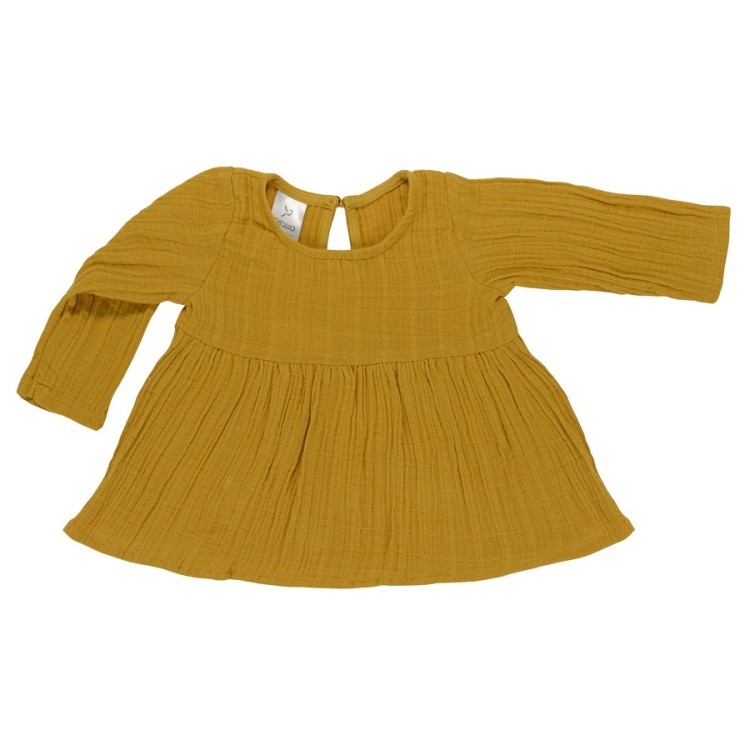 Платье с длинным рукавом из хлопкового муслина горчичного цвета из коллекции essential 18-24m (69603)