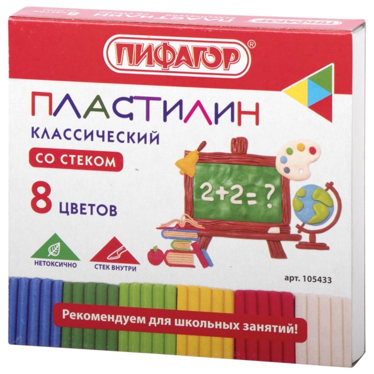 Пластилин классический Пифагор Школьный 8 цветов 120 г со стеком 105433 (20) (66076)