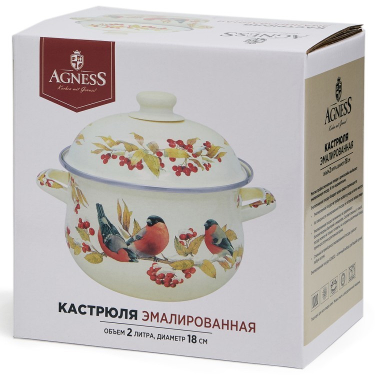 Кастрюля agness эмалированная с эмал.крышкой серия "снегири", 2.0 л, 18*11 см Agness (934-746)