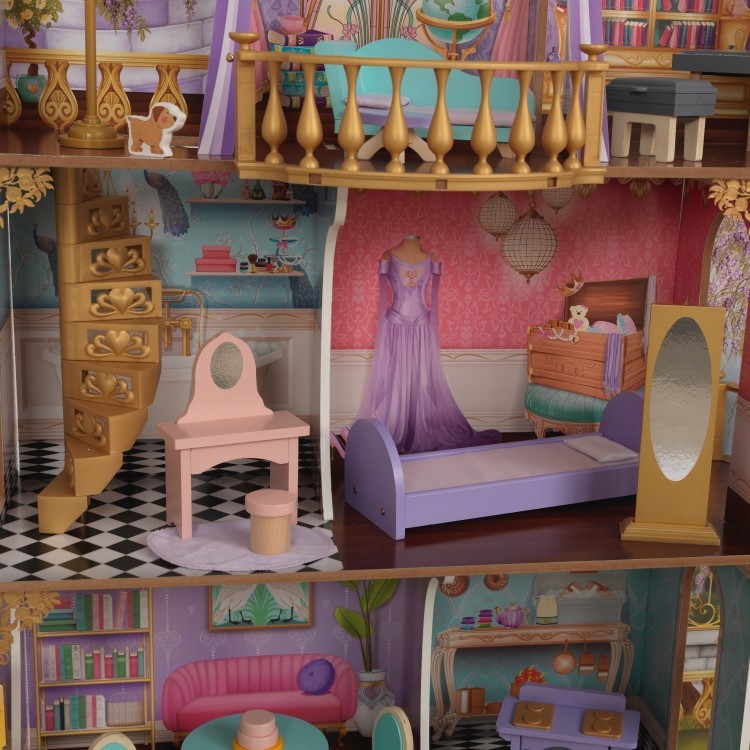 Деревянный кукольный домик "Зачарованный Замок", с мебелью 25 предметов в наборе, свет, звук, для кукол 30 см (10153_KE)