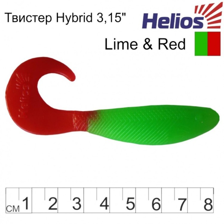 Твистер Helios Hybrid 3,15"/8,0 см, цвет Lime & Red 7 шт HS-14-021 (78182)