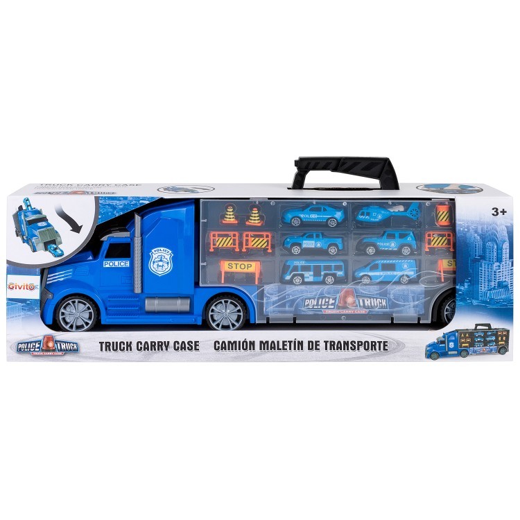 Набор машинок серии "Полицейский участок" (Автовоз - кейс 54 см, синий, с тоннелем. 4 машинки, 1 автобус, 1 вертолет и 10 дорожных знаков) (G205-016)